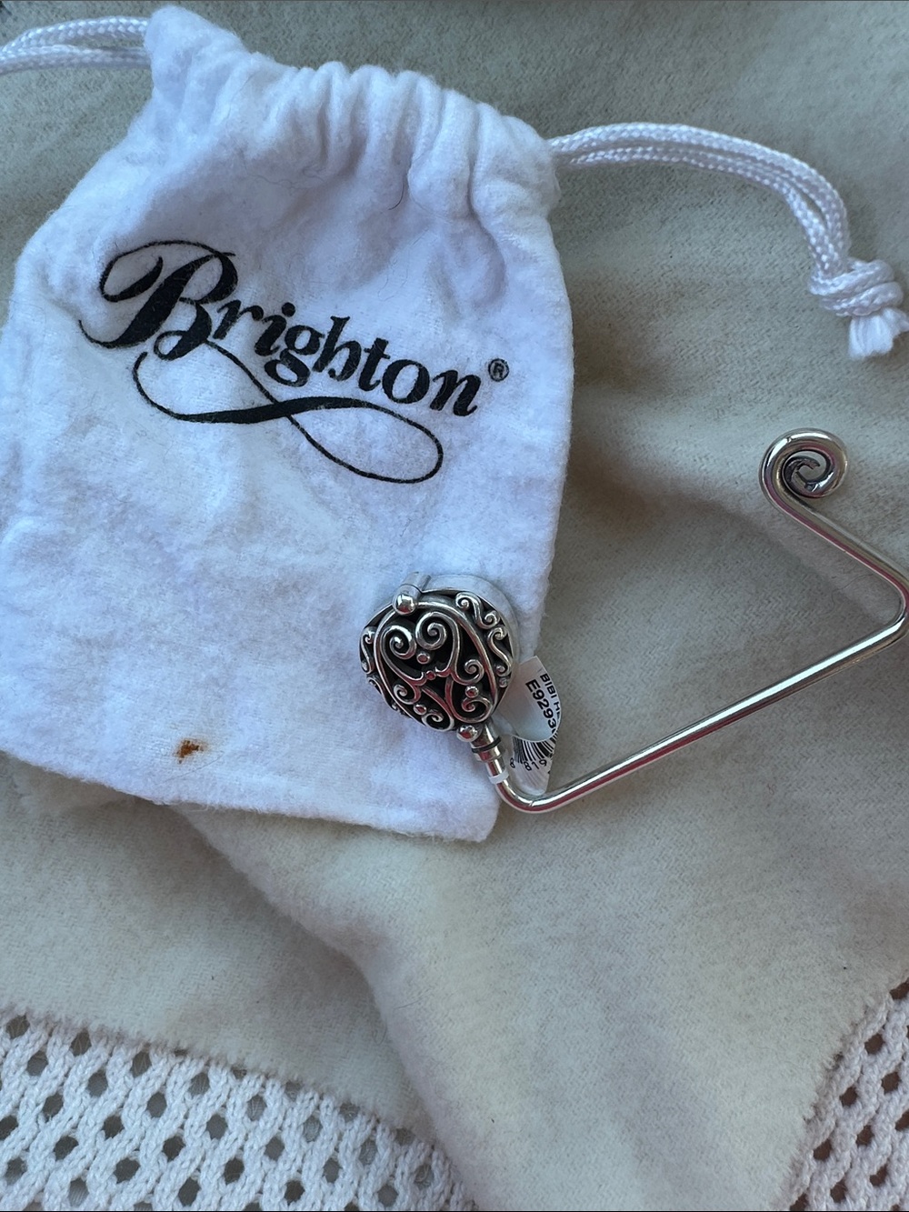 Brighton Contempo Silver Tone Heart Scroll Purse Hanger with Dustbag